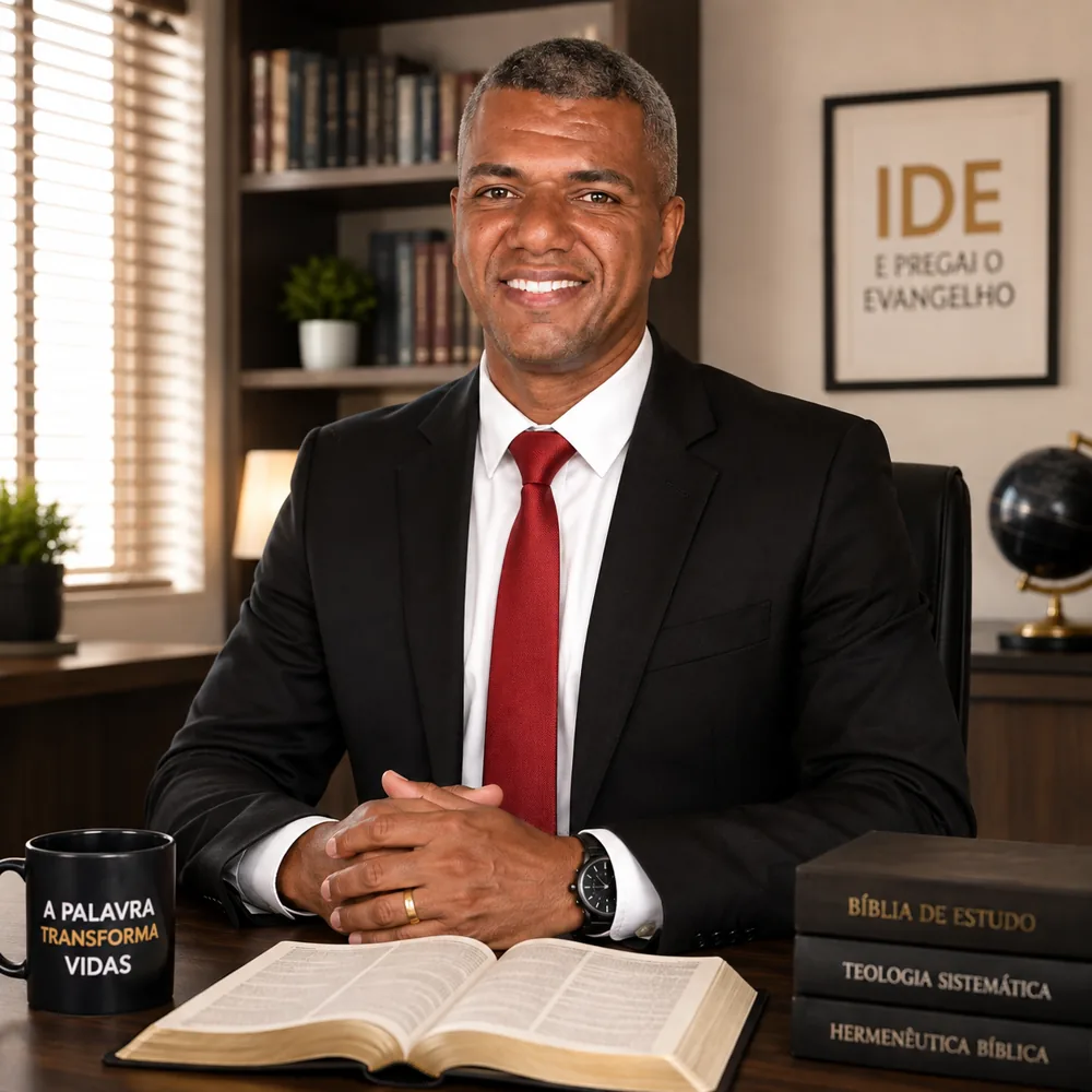 Pb. Michael Bastos, autor do e-book, sentado à mesa com a Bíblia aberta